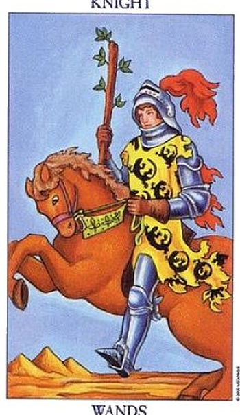De Ridder van Staven rechtop uit de Radiant Rider-Waite, een ridder op een steigerend paard De Ridder van Staven rechtop uit de Radiant Rider-Waite, een ridder op een steigerend paard