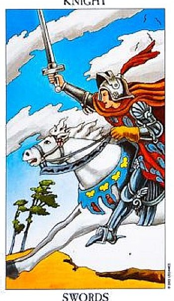 De Ridder van Zwaarden rechtop uit de Radiant Rider-Waite, een ridder stormt vooruit De Ridder van Zwaarden rechtop uit de Radiant Rider-Waite, een ridder stormt vooruit