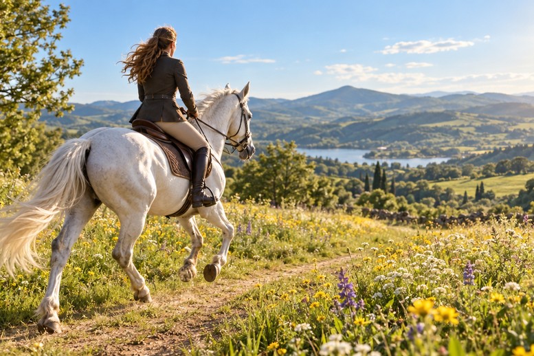 De Ridders: amazone op een wit paard rijdt door een zonnige wei met bloemen De Ridders: amazone op een wit paard rijdt door een zonnige wei met bloemen