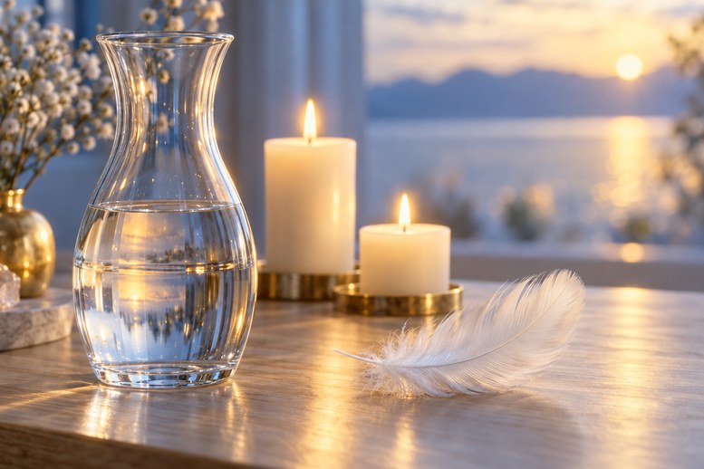 Glazen karaf met water en een witte veer op een houten tafel bij kaarslicht Glazen karaf met water en een witte veer op een houten tafel bij kaarslicht