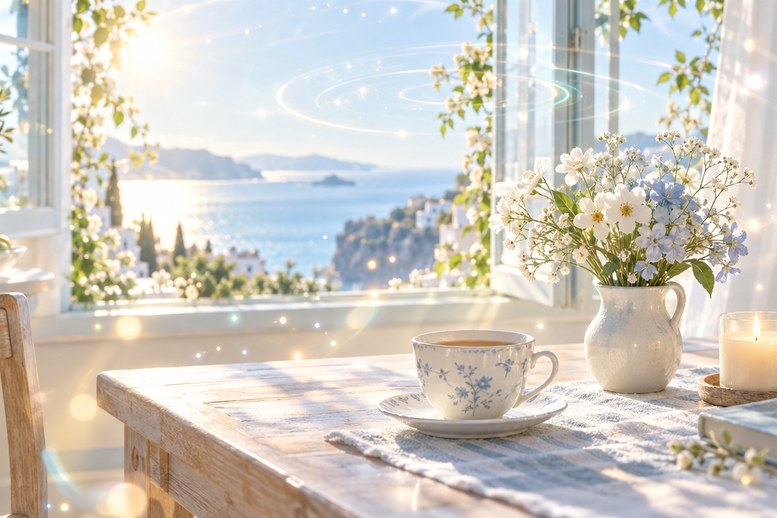 Keukentafel met thee, bloemen en een kaars in zacht aquamarijn licht als beeld voor afstemmen op de Aquarius-frequentie Keukentafel met thee, bloemen en een kaars in zacht aquamarijn licht als beeld voor afstemmen op de Aquarius-frequentie