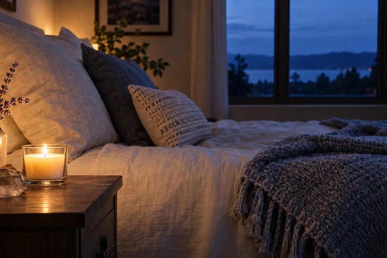Rustige slaapkamer met kaars en lavendel voor het avondmoment met aartsengel Uriël Rustige slaapkamer met kaars en lavendel voor het avondmoment met aartsengel Uriël