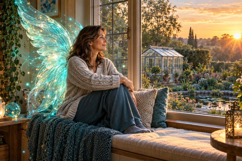 Vrouw zit bij het raam bij zonsopgang, omringd door vleugels van aquamarijn engelenlicht, als beeld voor herverbinding met je goddelijke Zelf Vrouw zit bij het raam bij zonsopgang, omringd door vleugels van aquamarijn engelenlicht, als beeld voor herverbinding met je goddelijke Zelf