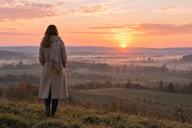 Vrouw kijkt naar de opkomende zon in het Oosten met de engelen in haar dagelijkse leven Vrouw kijkt naar de opkomende zon in het Oosten met de engelen in haar dagelijkse leven
