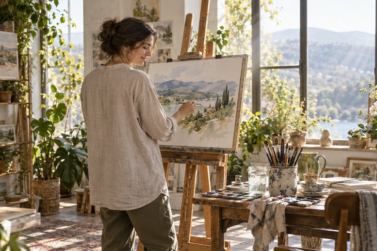 Vrouw schildert in een licht atelier nadat haar Engelen Overleg haar inspireerde Vrouw schildert in een licht atelier nadat haar Engelen Overleg haar inspireerde