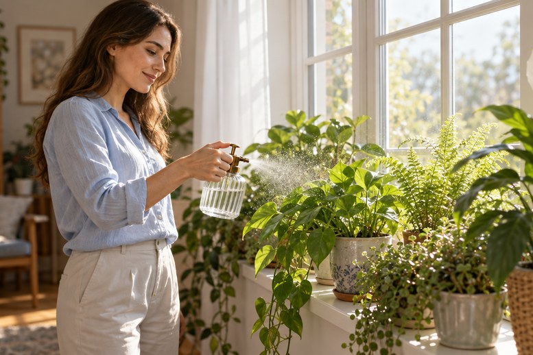 Vrouw sprenkelt water uit een plantenspuit bij de planten op een vensterbank Vrouw sprenkelt water uit een plantenspuit bij de planten op een vensterbank
