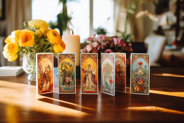 Verschillende Tarotkaarten rechtop naast elkaar op tafel om twee decks te vergelijken Verschillende Tarotkaarten rechtop naast elkaar op tafel om twee decks te vergelijken