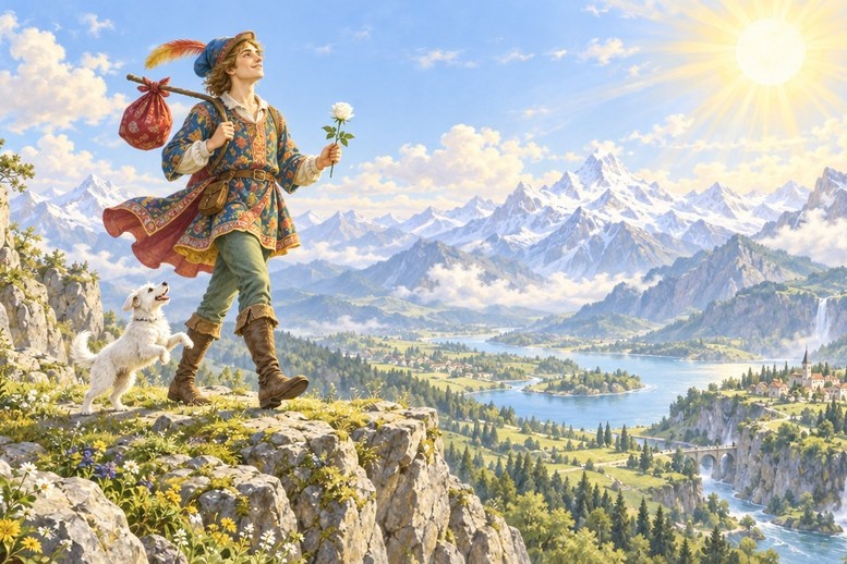 De Dwaas in een zonnig landschap Jonge reiziger als De Dwaas met een bundeltje, een witte roos en een hondje aan de rand van een klif in een zonnig berglandschap