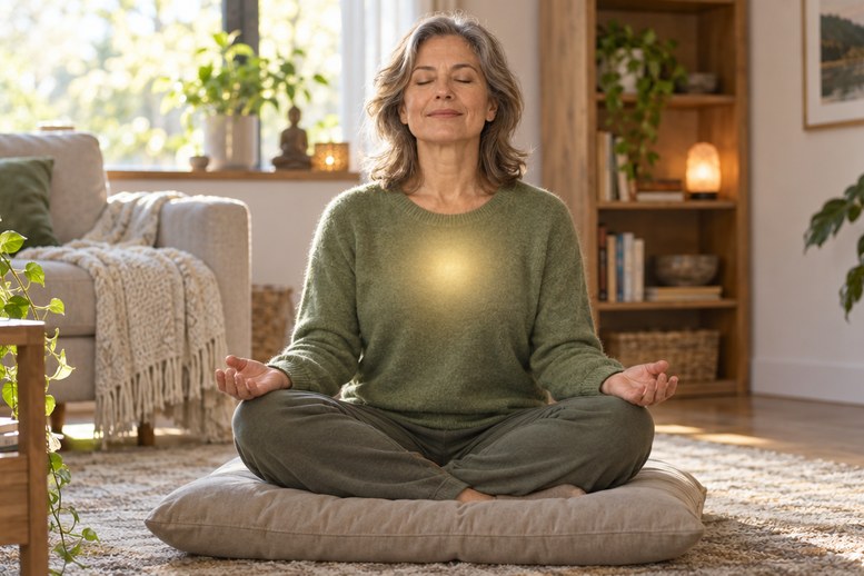 Vrouw mediteert met open handen en een warm licht bij haar hart Vrouw mediteert met open handen en een warm licht bij haar hart