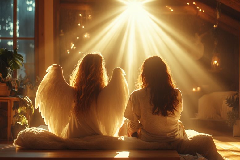 Vrouw naast een engel in gouden licht, verbonden met de helende Aquarius Angels Vrouw naast een engel in gouden licht, verbonden met de helende Aquarius Angels