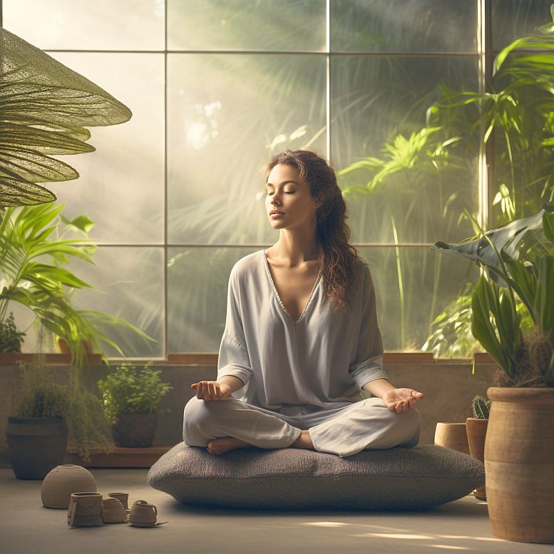 vrouw die thuis mediteert voor mentale balans