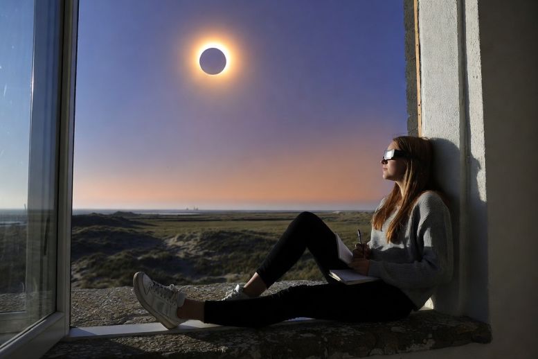 vrouw kijkt naar de zonsverduistering vrouw kijkt naar de zonsverduistering