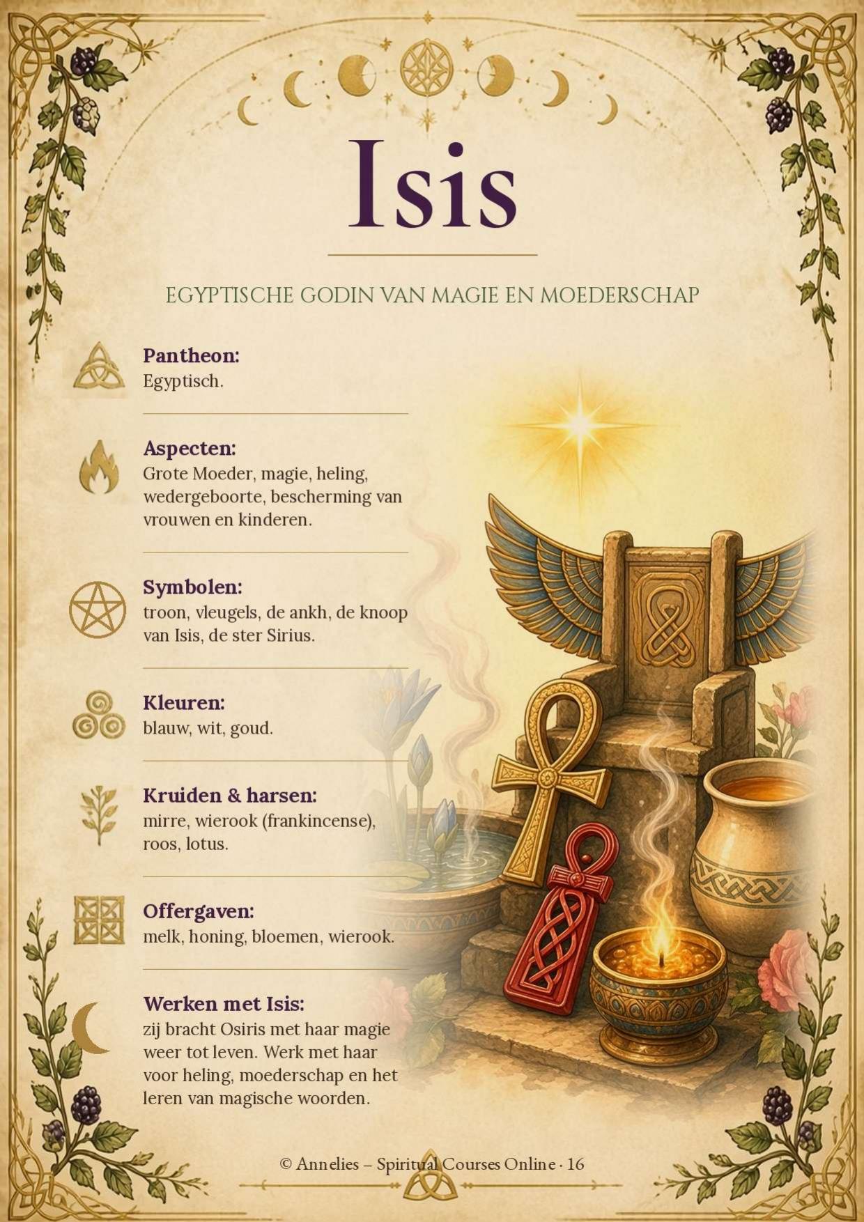 Isis – Egyptische godin van magie en moederschap, pagina met illustratie uit Mijn Boek der Schaduwen