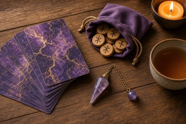 Orakelkaarten, runen en een pendel op een houten tafel als verschillende soorten divinatie Orakelkaarten, runen en een pendel op een houten tafel als verschillende soorten divinatie