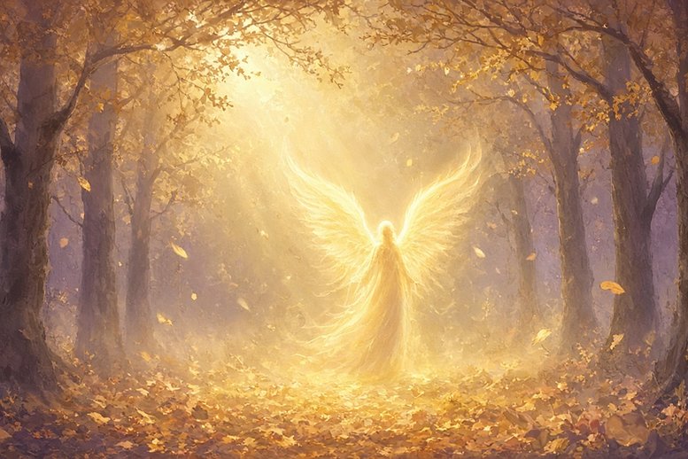 Gouden engel van licht in een herfstbos met vallende herfstbladeren in oktober Gouden engel van licht in een herfstbos met vallende herfstbladeren in oktober