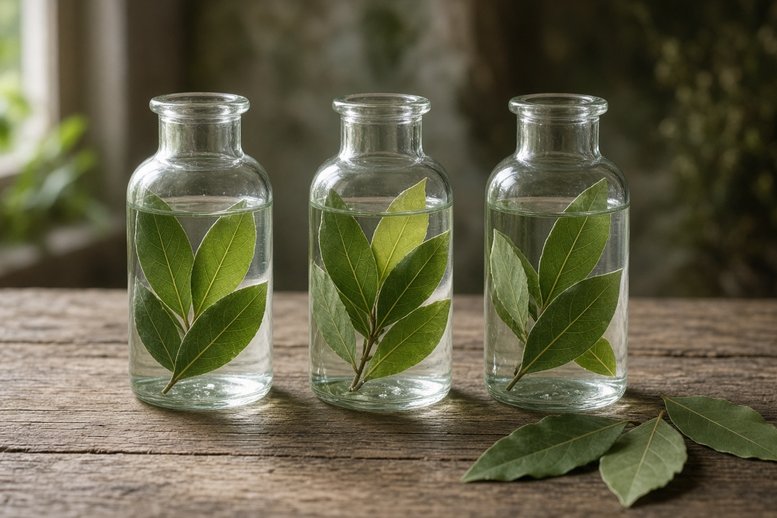 Flessen laurierwater met laurierblaadjes voor de bescherming van je huis Flessen laurierwater met laurierblaadjes voor de bescherming van je huis