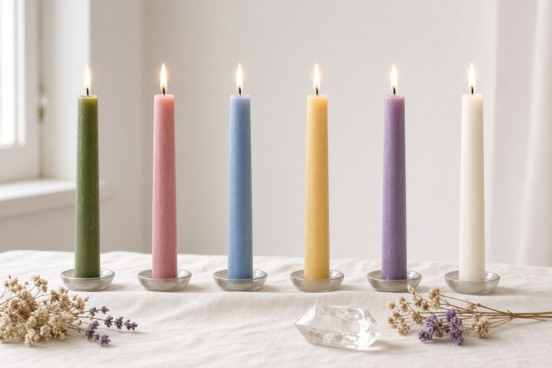 Rij gekleurde kaarsen in groen, roze, blauw, geel en violet op een licht altaar Rij gekleurde kaarsen in groen, roze, blauw, geel en violet op een licht altaar