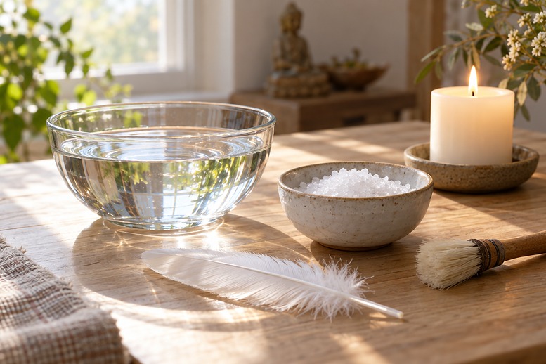 Glazen kom water en schaaltje zeezout met een veer om je energieveld te zuiveren Glazen kom water en schaaltje zeezout met een veer om je energieveld te zuiveren