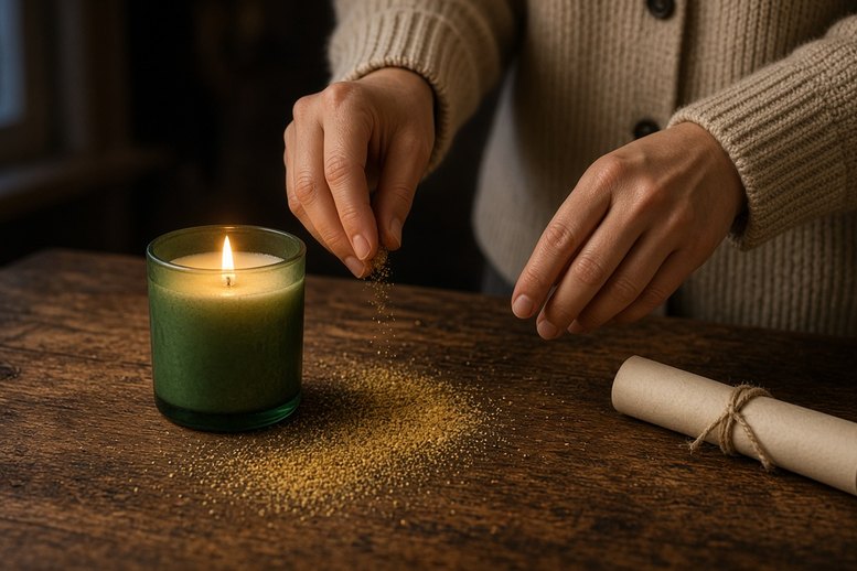 Handen strooien wenspoeder rond een brandende groene kaars naast een opgerold wensbriefje Handen strooien wenspoeder rond een brandende groene kaars naast een opgerold wensbriefje