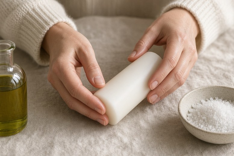 Handen wrijven een kaars in met olijfolie naast een schaal zeezout Handen wrijven een kaars in met olijfolie naast een schaal zeezout