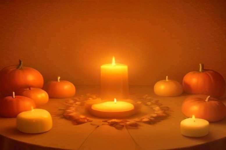 Warm herfstaltaar met brandende kaarsen en pompoenen voor een Tarotlegging voor Samhain Warm herfstaltaar met brandende kaarsen en pompoenen voor een Tarotlegging voor Samhain