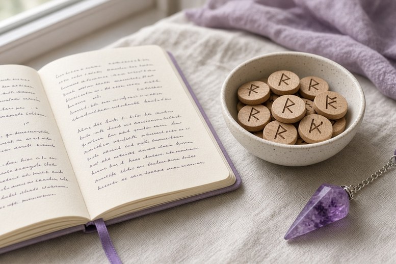 Open journal met runen en een pendel om je eigen divinatievorm te kiezen Open journal met runen en een pendel om je eigen divinatievorm te kiezen