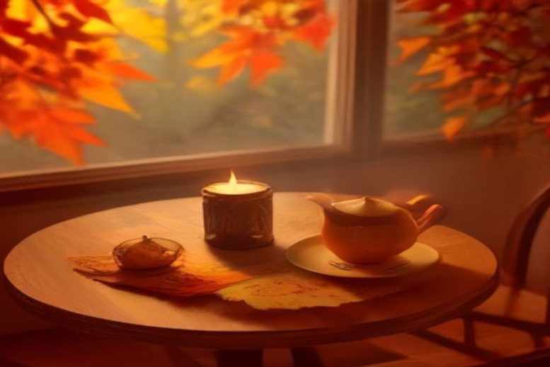 Brandende kaars, herfstbladeren en een theepot op een tafel bij het raam voor een Samhain-ritueel Brandende kaars, herfstbladeren en een theepot op een tafel bij het raam voor een Samhain-ritueel