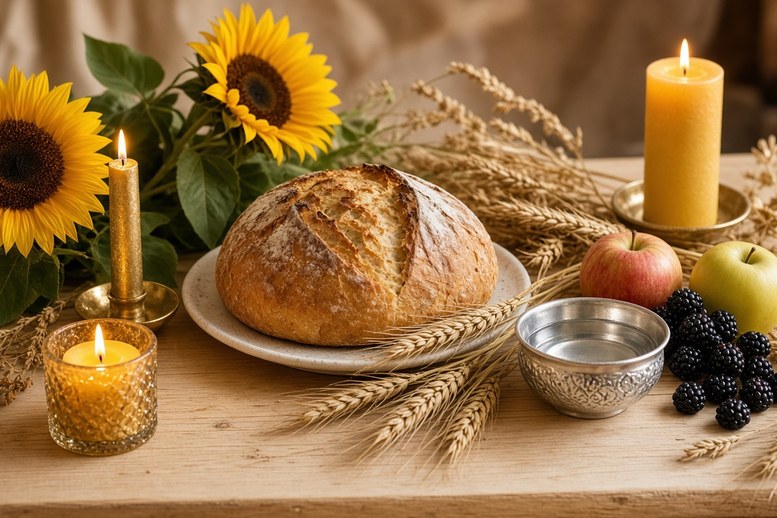 Lammas altaar met zelfgebakken brood, graanaren, zonnebloemen en brandende kaarsen Lammas altaar met zelfgebakken brood, graanaren, zonnebloemen en brandende kaarsen