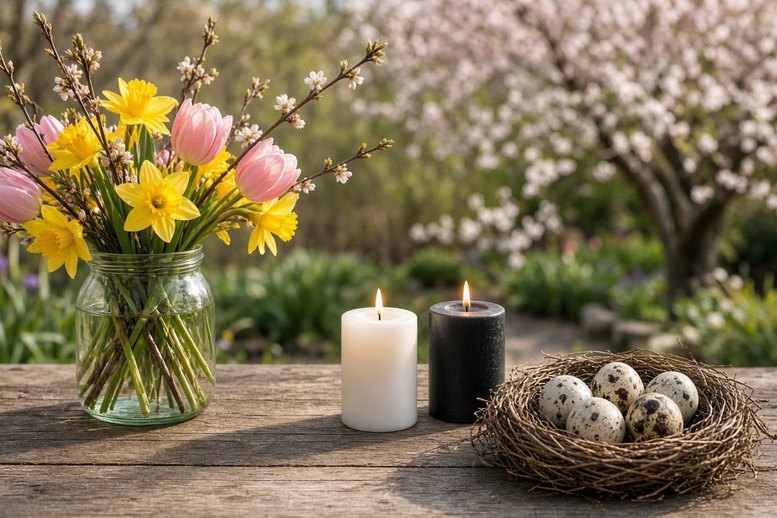 Lentebloemen, een witte en een zwarte kaars en een nestje eitjes voor de lente-equinox Lentebloemen, een witte en een zwarte kaars en een nestje eitjes voor de lente-equinox