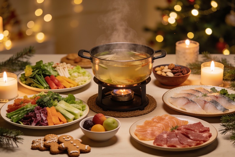 Feestelijke decembertafel met Chinese fondue, groenten en fruit voor energiewerk en dieet Feestelijke decembertafel met Chinese fondue, groenten en fruit voor energiewerk en dieet