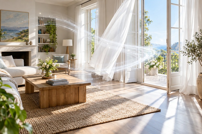 Lichte woonkamer met open ramen en een spiraal van frisse lucht als wervelwind van licht Lichte woonkamer met open ramen en een spiraal van frisse lucht als wervelwind van licht