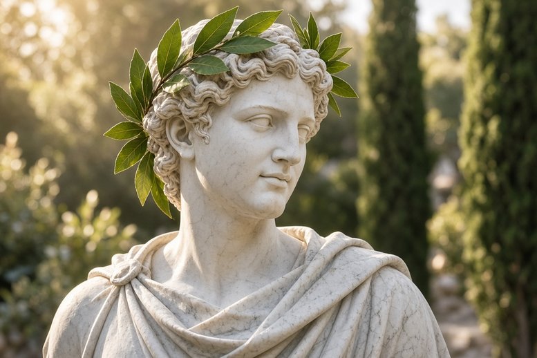 Marmeren beeld met een lauwerkrans en een toga, symbool van overwinning in de oudheid Marmeren beeld met een lauwerkrans en een toga, symbool van overwinning in de oudheid
