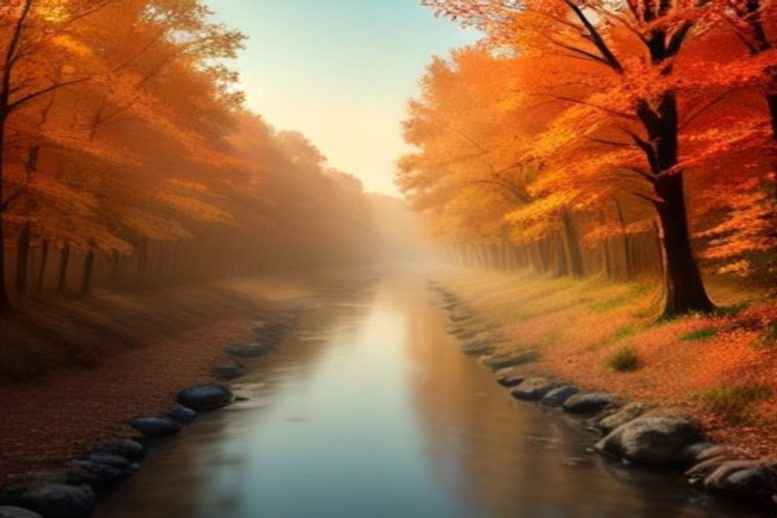Mistige herfstrivier tussen goudgele en oranje bomen in zacht licht rond Samhain Mistige herfstrivier tussen goudgele en oranje bomen in zacht licht rond Samhain