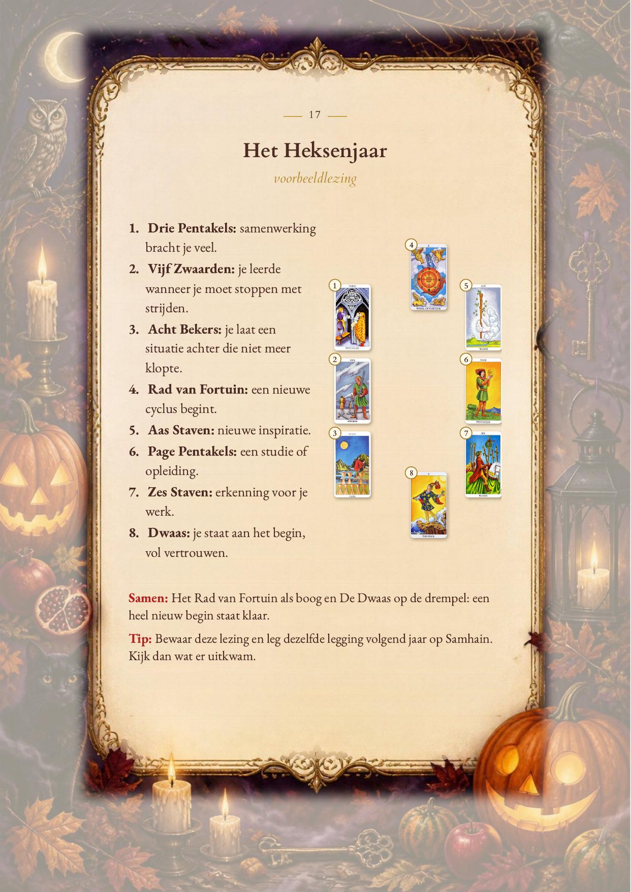 Voorbeeldlezing Het Heksenjaar met tarotkaarten, pagina uit Samhainleggingen