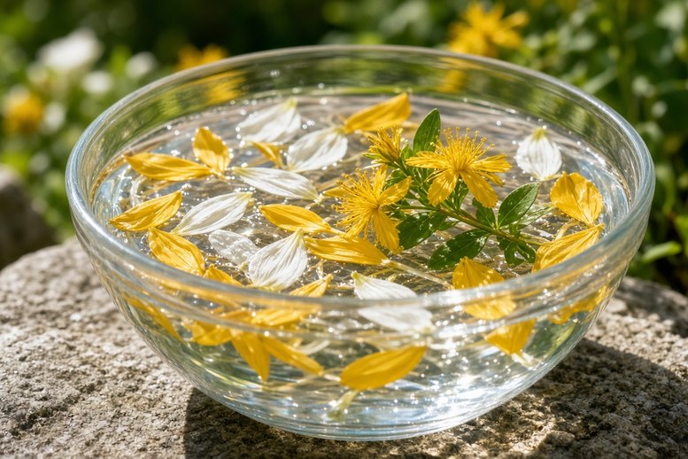 Glazen schaal met zonnewater en gele en witte bloemblaadjes op een steen in de zon Glazen schaal met zonnewater en gele en witte bloemblaadjes op een steen in de zon