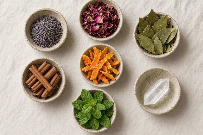 Schaaltjes met lavendel, rozenblaadjes, laurier, sinaasappelschil, kaneel, munt en een bergkristal Schaaltjes met lavendel, rozenblaadjes, laurier, sinaasappelschil, kaneel, munt en een bergkristal