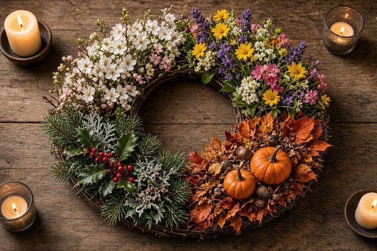 Seizoenskrans met bloemen, dennengroen en herfstblad tussen brandende kaarsen voor de Wicca jaarfeesten Seizoenskrans met bloemen, dennengroen en herfstblad tussen brandende kaarsen voor de Wicca jaarfeesten