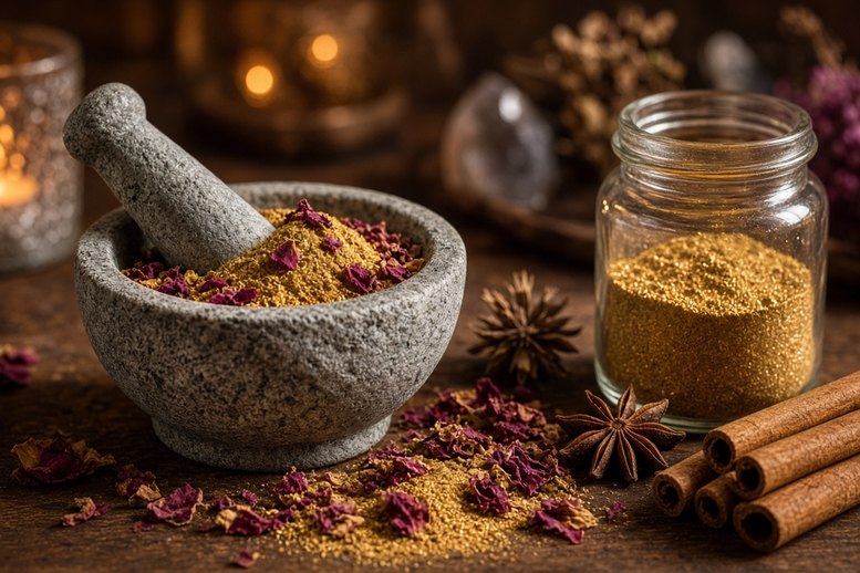 Vijzel met goudkleurig wenspoeder, rozenblaadjes, kaneelstokjes en steranijs op een houten tafel Vijzel met goudkleurig wenspoeder, rozenblaadjes, kaneelstokjes en steranijs op een houten tafel