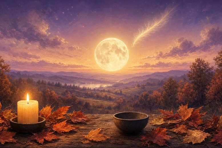 Volle Maan boven een herfstlandschap met een brandende kaars, herfstbladeren en een schaal Volle Maan boven een herfstlandschap met een brandende kaars, herfstbladeren en een schaal