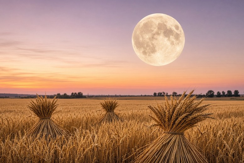 Lammas en de volle supermaan boven een goudgeel korenveld met graanschoven Lammas en de volle supermaan boven een goudgeel korenveld met graanschoven