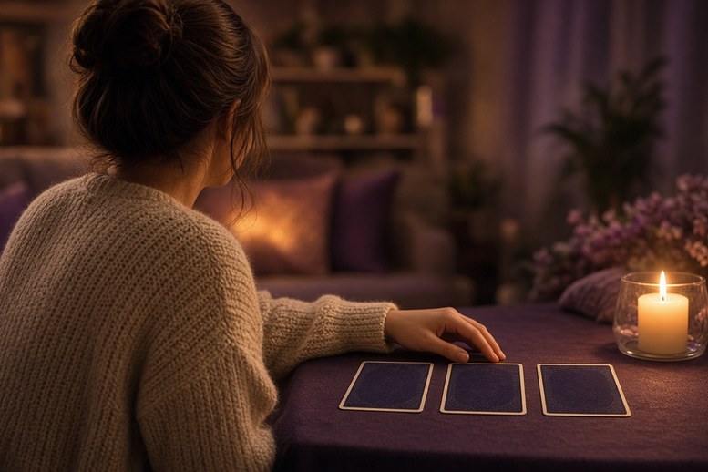 Vrouw legt drie kaarten neer voor een eenvoudige divinatie legging Vrouw legt drie kaarten neer voor een eenvoudige divinatie legging