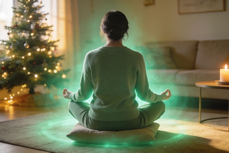 Vrouw mediteert bij de kerstboom in het groene licht van Aartsengel Rafaël Vrouw mediteert bij de kerstboom in het groene licht van Aartsengel Rafaël