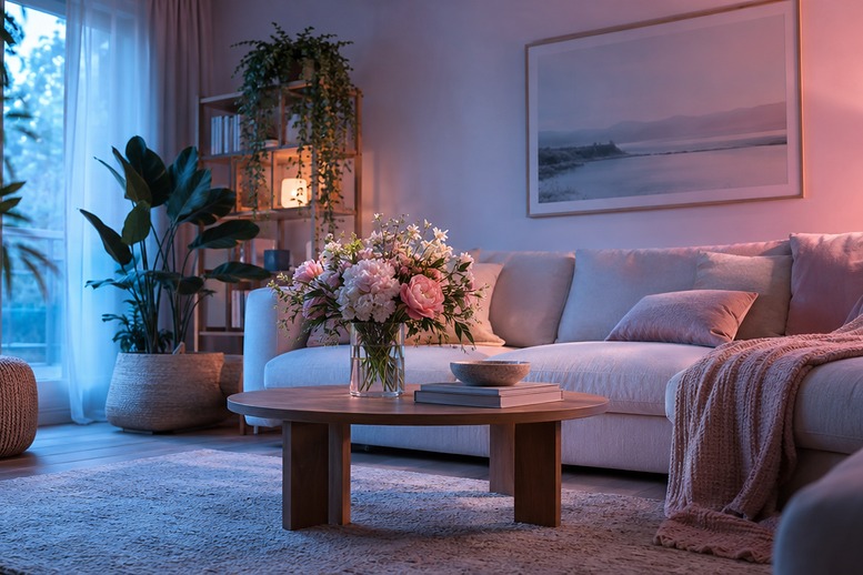 Woonkamer met een golf van lichtblauw en roze licht na het loslaten Woonkamer met een golf van lichtblauw en roze licht na het loslaten